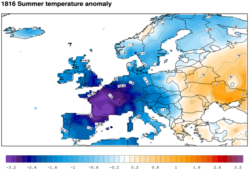 Колебания температуры в Европе в течение лета, 1816г.